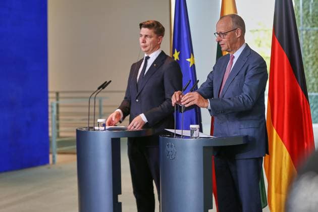 Berlin, Germany, October 5, 2026: The Federal Chancellery hosts a joint press conference with Lithuanian Prime Minister Mindaugas Sinkevicius and Federal Chancellor Friedrich Merz (CDU) Copyright: xdtsxNachrichtenagenturx dts_137191