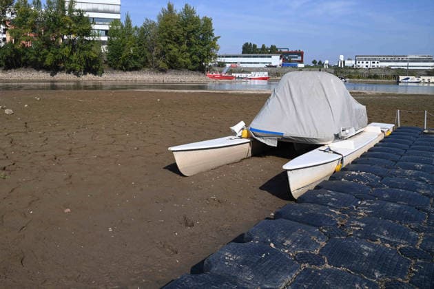 Low water levels in the Port of Düsseldorf have exposed a large sandbar; rocks and sand on the shore; Harbor Basin A; a motorboat and a catamaran on the bottom; Düsseldorf, October 5, 2026,