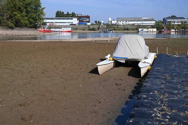 Low water levels in the Port of Düsseldorf have exposed a large sandbar; rocks and sand on the shore; Harbor Basin A; a motorboat and a catamaran on the bottom; Düsseldorf, October 5, 2026,