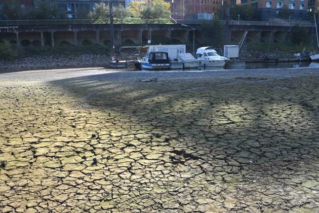 Low water levels in the Port of Düsseldorf have exposed a large sandbar; rocks and sand line the shore; Harbor Basin A; motorboats and yachts lie on the bottom; Düsseldorf, October 5, 2026,