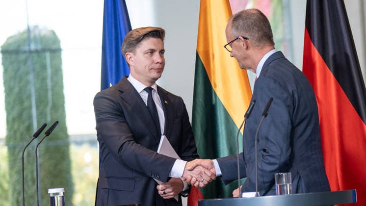 Chancellor Friedrich Merz (right) with his guest Mindaugas Sinkevicius, Prime Minister of Lithuania, at the Federal Chancellery; joint press statements; Chancellor hosts Prime Minister of the Republic of Lithuania at the Federal Chancellery, Berlin, Germany; Federal Chancellery