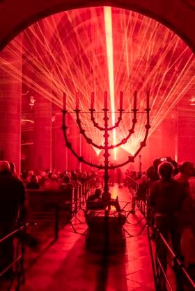 Essen Light Festival, downtown, Licht Segen Lumen Cantus, a laser show synchronized to music at Essen Cathedral, by lighting designer Manfred Olma, accompanied by live organ music, North Rhine-Westphalia, Germany, Essen Light Festival