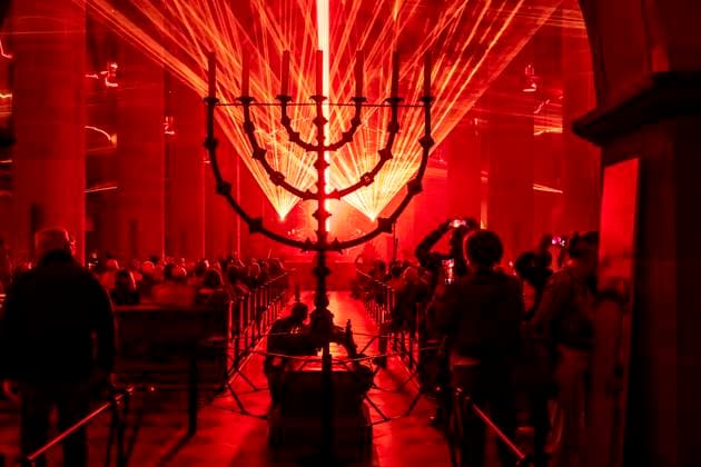 Essen Light Festival, downtown, Licht Segen Lumen Cantus, a laser show synchronized to music at Essen Cathedral, by lighting designer Manfred Olma, accompanied by live organ music, North Rhine-Westphalia, Germany, Essen Light Festival