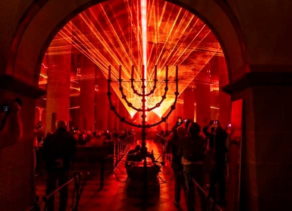 Essen Light Festival, downtown, Licht Segen Lumen Cantus, a laser show synchronized to music at Essen Cathedral, by lighting designer Manfred Olma, accompanied by live organ music, North Rhine-Westphalia, Germany, Essen Light Festival