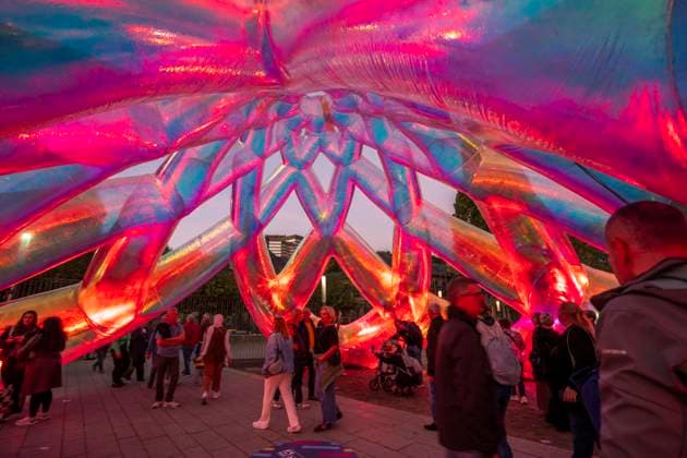 Essen Light Festival, downtown; Meliora, a light installation by the Australian artist duo Atelier Sisu, on Burgplatz; walk-through light sculpture; North Rhine-Westphalia, Germany; Essen Light Festival