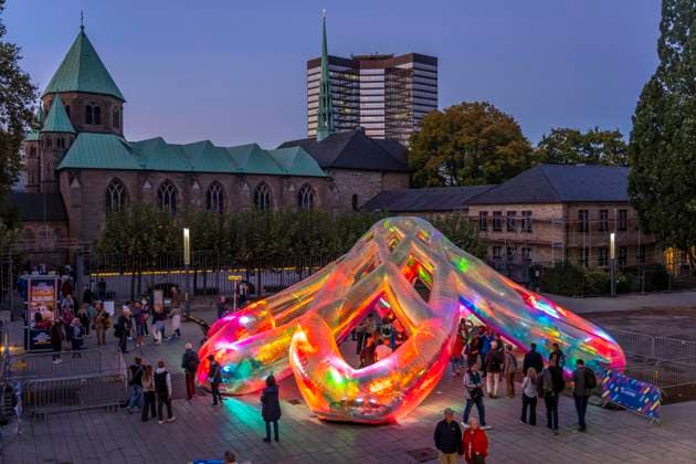 Essen Light Festival, downtown, Meliora light installation by the Australian artist duo Atelier Sisu, on Burgplatz, Essen City Hall and Cathedral, walk-through light sculpture, North Rhine-Westphalia, Germany, Essen Light Festival