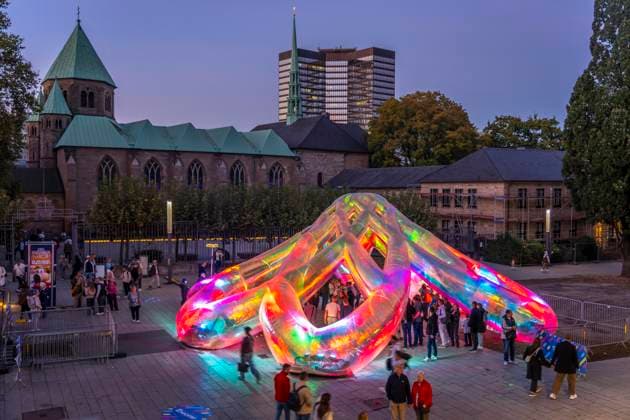 Essen Light Festival, downtown, Meliora light installation by the Australian artist duo Atelier Sisu, on Burgplatz, Essen City Hall and Cathedral, walk-through light sculpture, North Rhine-Westphalia, Germany, Essen Light Festival