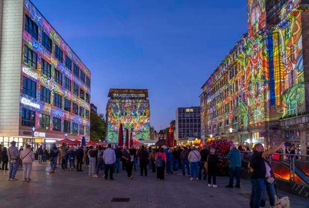 Essen Light Festival, downtown, light installation *The Complementary Universe*, projected onto the buildings at Willy Brandt Platz, by Lightspray Visual, from Hungary, North Rhine-Westphalia, Germany, Essen Light Festival