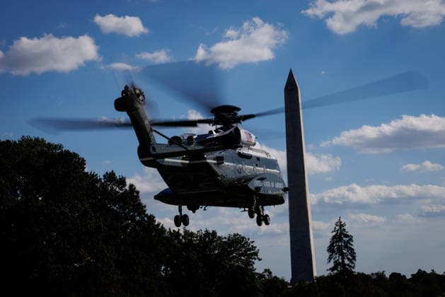 President Donald Trump takes off from the South Lawn of the White House in Washington,MC in Marine One on Monday, October 5, 2026. Trump is heading to Grand Island, Nebraska where he will speak at a rally for Republican Senator Pete Ricketts.  WASP20261005114 SamuelxCorum