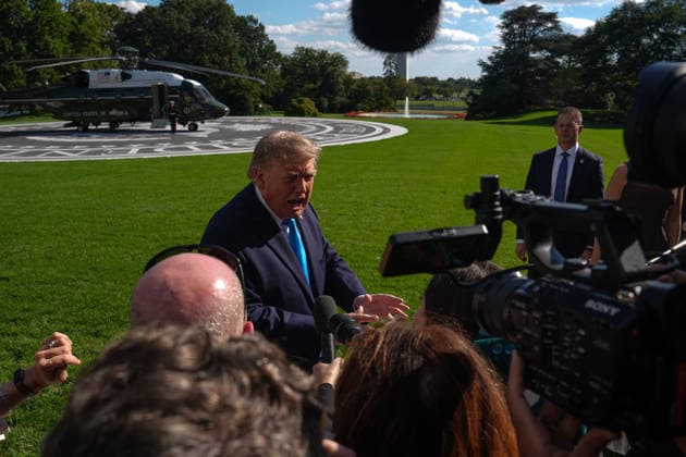 President Trump departs White House for Nebraska midterm campaign rally WASHINGTON, D.C., UNITED STATES - OCTOBER 05: U.S. President Donald Trump speaks to press members before boarding Marine One on the South Lawn of the White House in Washington, D.C., on October 5, 2026. Trump is traveling to Nebraska to attend a midterm campaign rally. Mehmet Eser Anadolu Washington, D.C. United States. Editorial use only. Please get in touch for any other usage.  Copyright: x2026xAnadoluxMehmetxEserx