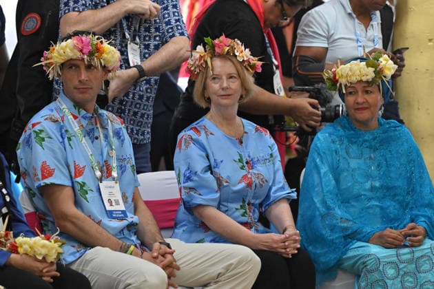 ANTHONY ALBANESE PRECOP MEETING, Australia™s former prime minister Julia Gillard during a traditional welcome ceremony during the Pre-Cop31 meeting in Tuvalu, Tuesday, October 6, 2026. ( NO ARCHIVING Funafuti Tuvalu  Copyright: xMICKxTSIKASx 20261006117756950080