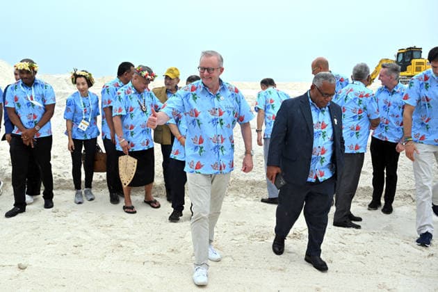 ANTHONY ALBANESE PRECOP MEETING, Australia™s Prime Minister Anthony Albanese at the Tuvalu Coastal Adaptation Project (TCAP) during the Pre-Cop31 meeting in Tuvalu, Tuesday, October 6, 2026. ( NO ARCHIVING Funafuti Tuvalu  Copyright: xMICKxTSIKASx 20261006192511498291
