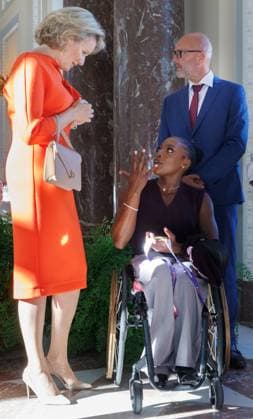 Queen Mathilde of Belgium and Belgian Paralympian athlete Lea Bayekula pictured during a royal meeting with the top Belgian athletes who have distinguished themselves over the past two years, at Laken Royal Castle, on Tuesday 6 October 2026. This concerns athletes who won a medal at a European or World Championship in an Olympic or Paralympic discipline, as well as Belgian athletes who have distinguished themselves exceptionally at the world level. BENOITxDOPPAGNE 188888211