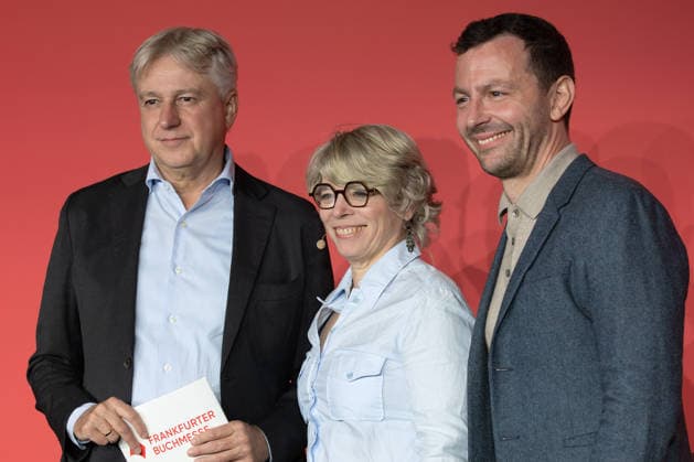 Frankfurt Book Fair 2026. From left: Juergen Boos, Director of the Frankfurt Book Fair; Jill Lepore, American historian and author; and Sebastian Guggolz, President of the German Publishers and Booksellers Association. Opening press conference of the Frankfurt Book Fair 2026, Frankfurt am Main, Hesse, Germany, Exhibition Center