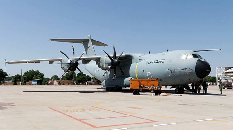 RECORD DATE NOT STATED German Air Force participates in the air combat exercise ˜Tarang Shakti 2026™ Jodhpur, Oct 06 (ANI): A view of a German A400M military transport aircraft deployed during the air combat exercise ˜Tarang Shakti 2026, in Jodhpur on Tuesday. (ANI Video Grab) Jodhpur Rajasthan India Copyright: xANIx ANI_20261006279