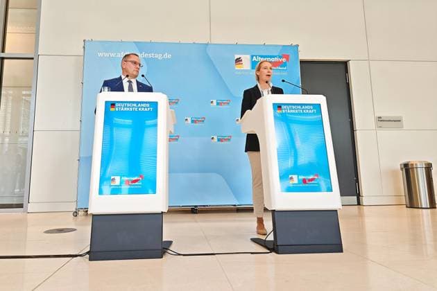 Berlin, Germany, October 6, 2026 German Bundestag AfD caucus meeting Tino Chrupalla and Alice Weidel during a press statement Copyright: xdtsxNachrichtenagenturx dts_137320