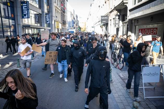 Students gather outside several schools in Liege during a protest against education reforms and budget cuts, on Tuesday 6 October 2026. Yesterday police arrested 16 people after the protests turned violent. The protests in French-speaking Belgium have been ongoing for months, following a series of reforms and budget cuts introduced by the French Community Government. JONASxROOSENS 188912213