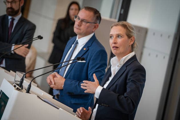 Tino Chrupalla, AfD Party and Parliamentary Group Leader, with Alice Weidel, AfD Party and Parliamentary Group Leader; press statement by the two AfD party leaders and parliamentary group leaders before the start of the parliamentary group meeting in the German Bundestag, Berlin, Germany, Bundestag