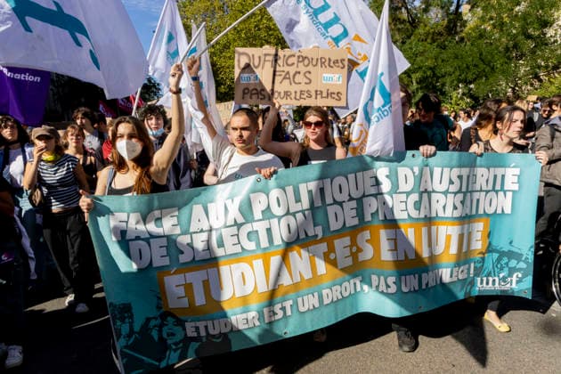 Paris, France October 6, 2026 - Demonstration organized as part of a national day of action launched by high school students. Nationwide student protests and violent school riots have disrupted over 700 secondary schools and led to roughly 5,000 arrests across France. What began in late September 2026 as peaceful blockades in the low-income Paris suburb of Seine-Saint-Denis has rapidly escalated into a major public order crisis for President Emmanuel Macron s government. MANIFESTATION ETUDIANTES, LYCEENS, GREVE, SOCIETE, JEUNES, JEUNESSE, ETUDIANT,  Copyright: xVincentxIsorex