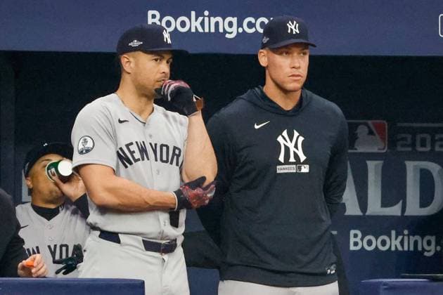 October 5, 2026, St. Petersburg, Florida, USA: New York Yankee players Giancarlo Stanton and Aaron Judge watch the Tampa Bay Rays bat during the second inning at Tropicana Field on Monday, Oct. 5, 2026, in St. Petersburg. St. Petersburg USA - ZUMAs70_ 20261005_zan_s70_109 Copyright: xJeffereexWoox