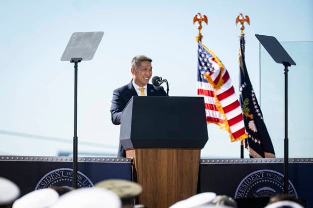Acting Secretary of the Navy Hung Cao speaks during an event at Tradepoint Atlantic in Sparrows Point, Maryland on Tuesday, Oct. 6, 2026. Anduril is in advanced talks to build an autonomous surface-vessel factory at Tradepoint Atlantic, which would give the company an East Coast hub alongside its Foss Maritime shipyard in Seattle and undersea-vehicle factory at Quonset Business Park in Rhode Island.  BAL20261006107 AlxDrago