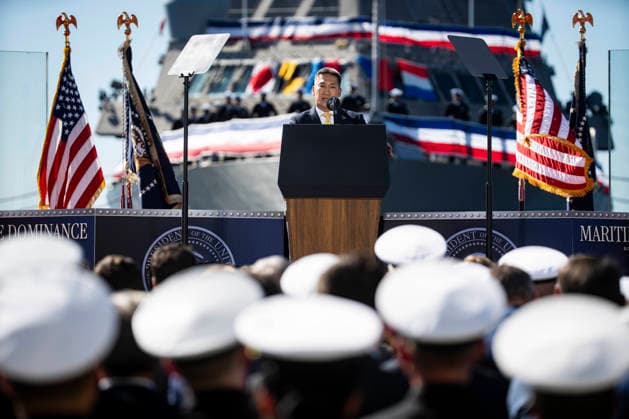 Acting Secretary of the Navy Hung Cao speaks during an event at Tradepoint Atlantic in Sparrows Point, Maryland on Tuesday, Oct. 6, 2026. Anduril is in advanced talks to build an autonomous surface-vessel factory at Tradepoint Atlantic, which would give the company an East Coast hub alongside its Foss Maritime shipyard in Seattle and undersea-vehicle factory at Quonset Business Park in Rhode Island.  BAL20261006110 AlxDrago