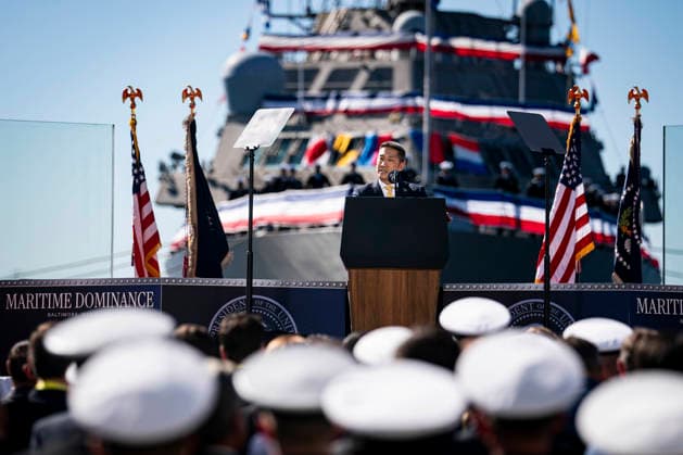 Acting Secretary of the Navy Hung Cao speaks during an event at Tradepoint Atlantic in Sparrows Point, Maryland on Tuesday, Oct. 6, 2026. Anduril is in advanced talks to build an autonomous surface-vessel factory at Tradepoint Atlantic, which would give the company an East Coast hub alongside its Foss Maritime shipyard in Seattle and undersea-vehicle factory at Quonset Business Park in Rhode Island.  BAL20261006112 AlxDrago