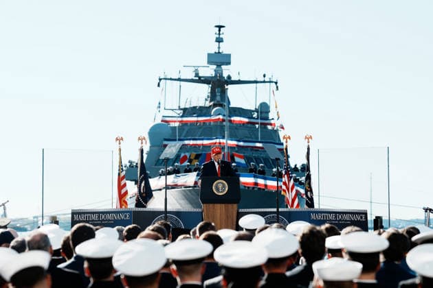 President Donald Trump speaks during an event at Tradepoint Atlantic in Sparrows Point, Marylan on Tuesday, Oct. 6, 2026. Anduril Industries, known for building drones and autonomous aircraft, is investing $3.7 billion to build a massive new shipbuilding facility named Arsenal 2 in Maryland, a move that will enhance the US Navy s nuclear-powered submarine production.  BAL20261006118 AlxDrago