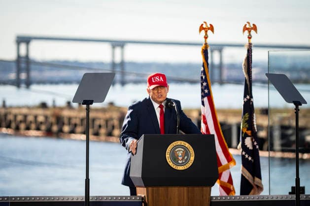 President Donald Trump speaks during an event at Tradepoint Atlantic in Sparrows Point, Marylan on Tuesday, Oct. 6, 2026. Anduril Industries, known for building drones and autonomous aircraft, is investing $3.7 billion to build a massive new shipbuilding facility named Arsenal 2 in Maryland, a move that will enhance the US Navy s nuclear-powered submarine production.  BAL20261006131 AlxDrago
