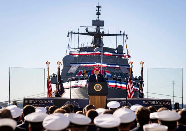 President Donald Trump speaks during an event at Tradepoint Atlantic in Sparrows Point, Marylan on Tuesday, Oct. 6, 2026. Anduril Industries, known for building drones and autonomous aircraft, is investing $3.7 billion to build a massive new shipbuilding facility named Arsenal 2 in Maryland, a move that will enhance the US Navy s nuclear-powered submarine production.  BAL20261006132 AlxDrago