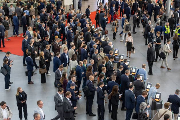 EXPO REAL 2026 in Munich, October 5, 2026: Trade visitors on their way to the exhibition halls at the Messe München grounds. First day of EXPO REAL 2026, the international trade fair for real estate, investments, and infrastructure will take place in Munich from October 5 to 7, 2026, bringing to