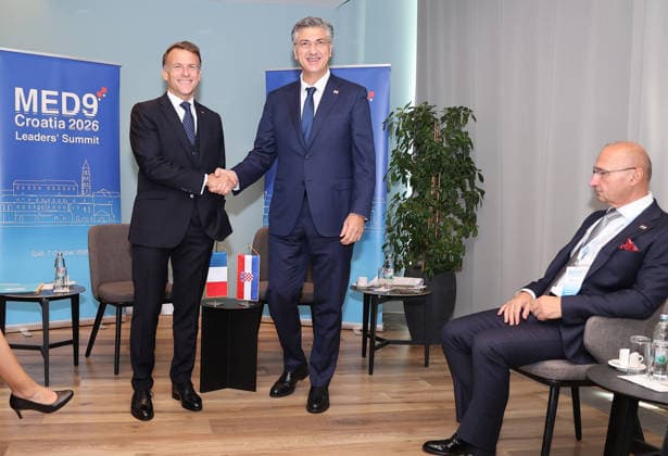 EU MED9 Bilateral meet Plenkovic - Macron Croatian Prime Minister Andrej Plenkovic meets French President Emmanuel Macron during bilateral meetings on the sidelines of the EU MED9 summit in Split, Croatia on October 7, 2027.  IvanaxIvanovic PIXSELL