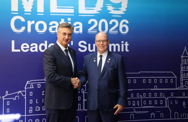 EU MED9 Prime Minister of Croatia Andrej Plenkovic welcomes Prince Albert II of Monaco for EU MED9 summit at Split, Croatia on October 7, 2026.  IvoxCagalj PIXSELL