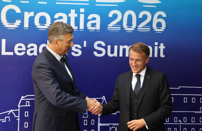 EU MED9 Prime Minister of Croatia Andrej Plenkovic welcomes President of France Emmanuel Macron for EU MED9 summit at Split, Croatia on October 7 , 2026. Photo  IvoxCagalj PIXSELL