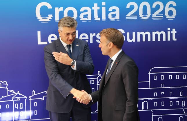 EU MED9 Prime Minister of Croatia Andrej Plenkovic welcomes President of France Emmanuel Macron for EU MED9 summit at Split, Croatia on October 7, 2026. Photo  IvoxCagalj PIXSELL