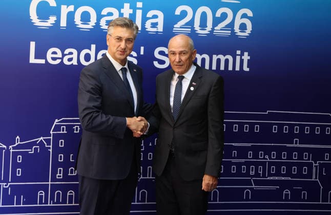 EU MED9 Prime Minister of Croatia Andrej Plenkovic welcomes Prime Minister of Slovenia Janez Jansa for EU MED9 summit at Split, Croatia on October 7, 2026.  IvoxCagalj PIXSELL