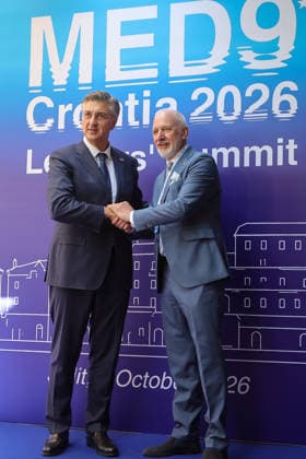 EU MED9 Prime Minister of Croatia Andrej Plenkovic welcomes Andro Krstulovic Opara for EU MED9 summit at Split, Croatia on October 7, 2026.  IvanaxIvanovic PIXSELL