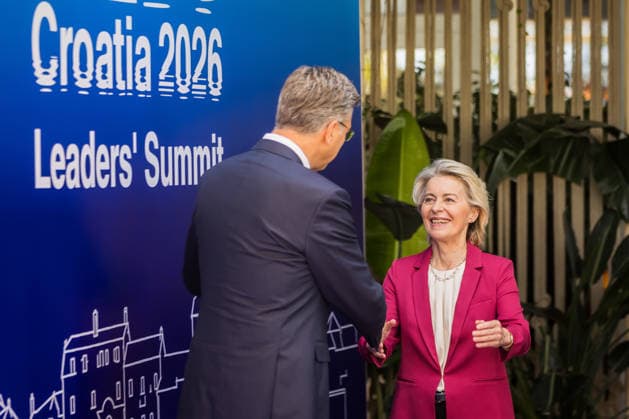 EU MED9 Prime Minister of Croatia Andrej Plenkovic welcomes President of the European Commission Ursula von der Leyen for EU MED9 summit at Split, Croatia on October 7, 2026.  ZvonimirxBarisin PIXSELL