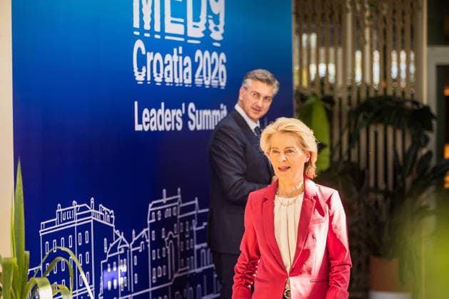 EU MED9 Prime Minister of Croatia Andrej Plenkovic welcomes President of the European Commission Ursula von der Leyen for EU MED9 summit at Split, Croatia on October 7, 2026.  ZvonimirxBarisin PIXSELL