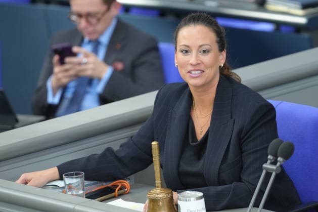 German Bundestag, 98th Plenary Session: Caroline Bosbach (CDU) during her first appearance as secretary at her seat on the presiding board in the plenary chamber during the 98th session of the German Bundestag in Berlin, October 7, 2026, Berlin, Germany