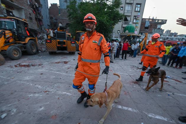 NEW DELHI, INDIA - OCTOBER 7: National Disaster Response Force (NDRF) jawans, Delhi Fire Service personnel, and local residents navigate heavy rubble during a search and rescue operation after a four-storey residential building collapsed in the New Seemapuri area of Shahdara on October 7, 2026, in New Delhi, India. The structural collapse occurred around 3:30 PM behind the local fish market, trapping multiple residents under concrete slabs and damaging two adjoining houses. At least one minor died while eight people were rescued and rushed to Rajiv Gandhi Super Speciality Hospital for emergency medical treatment as sniffer dogs and excavators worked late into the evening to locate remaining trapped survivors. (Photo by Raj K Raj Hindustan T