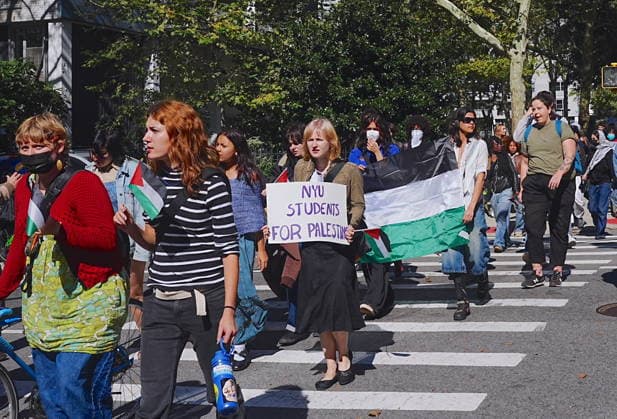 Pro-Palestinian protest at New York University NEW YORK, UNITED STATES - OCTOBER 04: A group of pro-Palestinian New York University (NYU) students walked out of classes to protest NYU and Israel, and marched outside the school buildings in New York, U.S., on October 7, 2026, marking the anniversary of the October 7 attacks on Gaza. Selcuk Acar Anadolu New York United States. Editorial use only. Please get in touch for any other usage.  Copyright: x2026xAnadoluxSelcukxAcarx