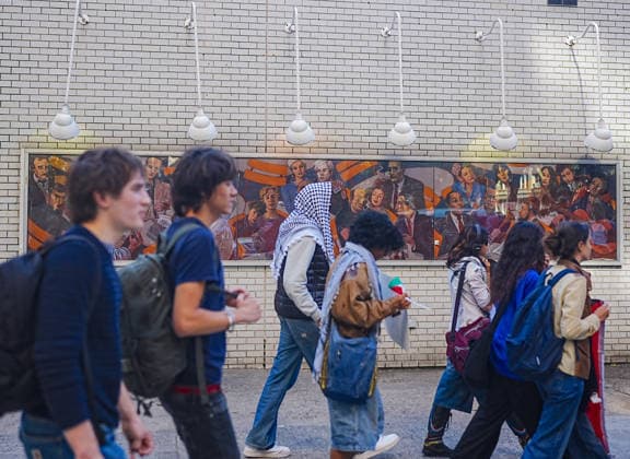 Pro-Palestinian protest at New York University NEW YORK, UNITED STATES - OCTOBER 04: A group of pro-Palestinian New York University (NYU) students walked out of classes to protest NYU and Israel, and marched outside the school buildings in New York, U.S., on October 7, 2026, marking the anniversary of the October 7 attacks on Gaza. Selcuk Acar Anadolu New York United States. Editorial use only. Please get in touch for any other usage.  Copyright: x2026xAnadoluxSelcukxAcarx