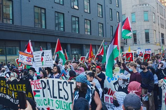Pro-Palestinians rally outside City Hall NEW YORK, UNITED STATES - OCTOBER 07: Pro-Palestinian Americans rally outside City Hall and march to Union Square in New York, United States, on October 7, 2026, marking the anniversary of the October 7 attacks on Gaza. Selcuk Acar Anadolu New York United States. Editorial use only. Please get in touch for any other usage.  Copyright: x2026xAnadoluxSelcukxAcarx