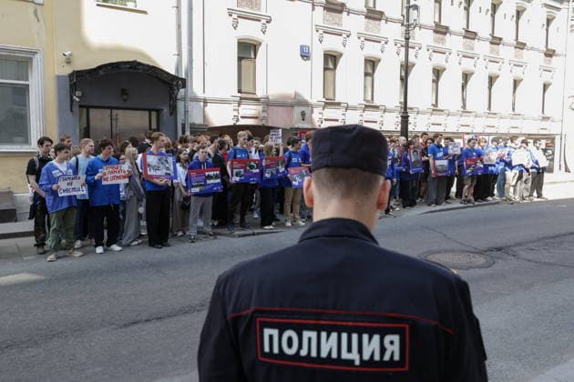 Russia, United Russia youth organisation Young Guard demonstrates in front of Lithuanian embassy