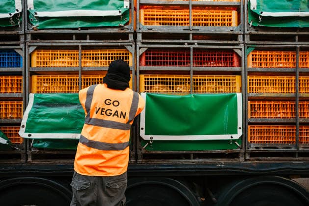 Great Britain, animal rights activists from East London Chicken Save hold vigil outside slaughterhouse in London