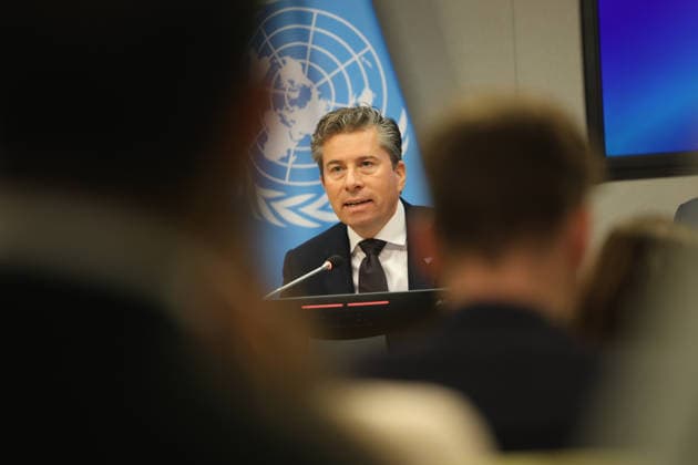 United Nations, UN Under-Secretary-General Tom Fletcher briefs press on US aid in New York