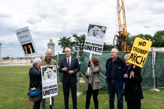 USA, Jared Huffman speaks at protest against Trump's planned arch in Arlington