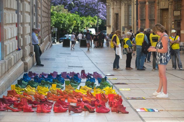 Spain, action with hundreds of colourful shoes as a sign against homophobia in Malaga