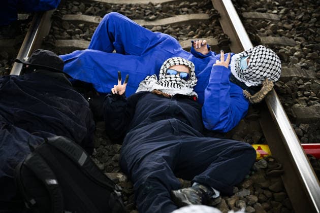 Netherlands, pro-Palestinian protest on railway line near Rotterdam harbour